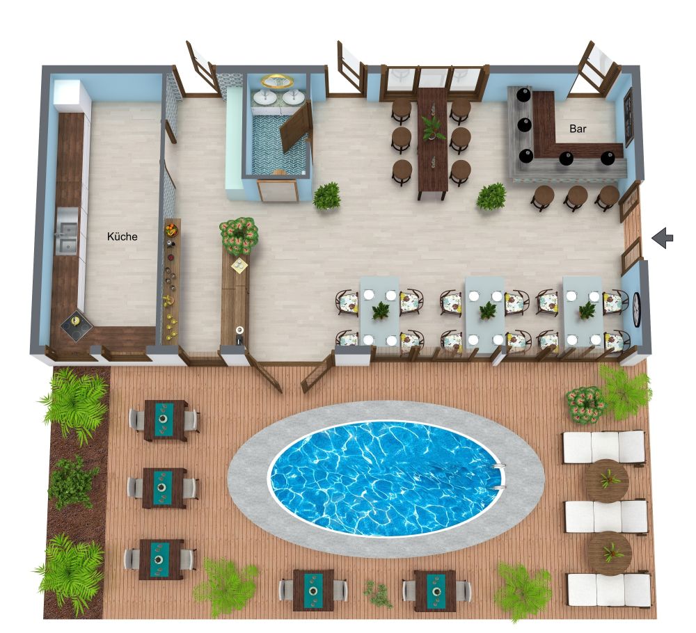 Grundriss für ein thailändisch-inspiriertes Restaurant mit Poolbereich