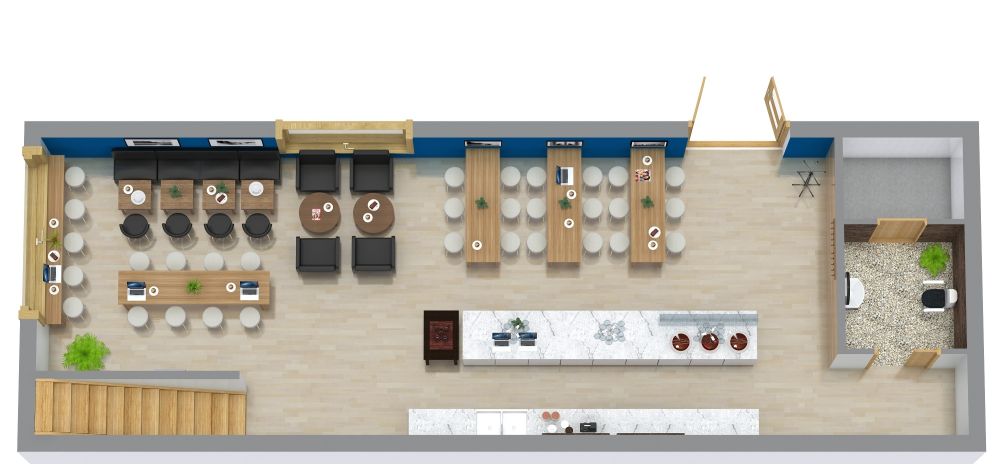 Helles Café mit platzsparenden Sitzgelegenheiten