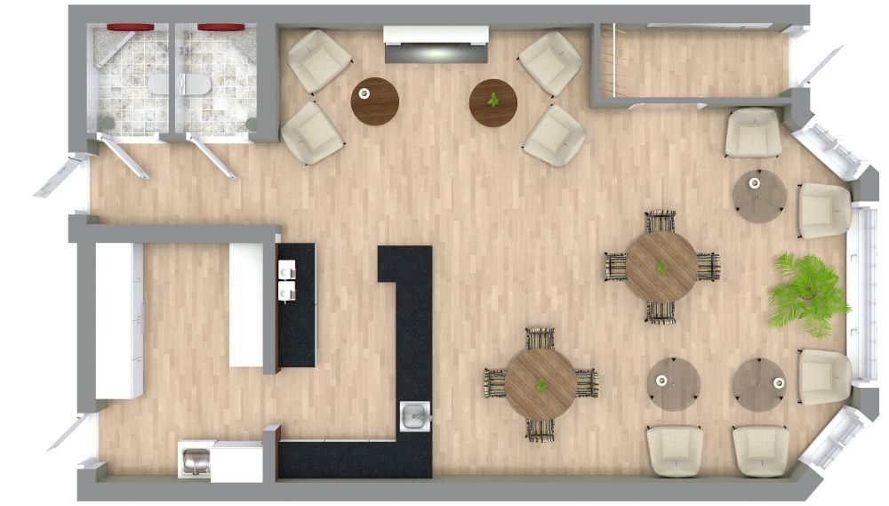 Grundriss für ein gemütliches und elegantes Café mit Kamin