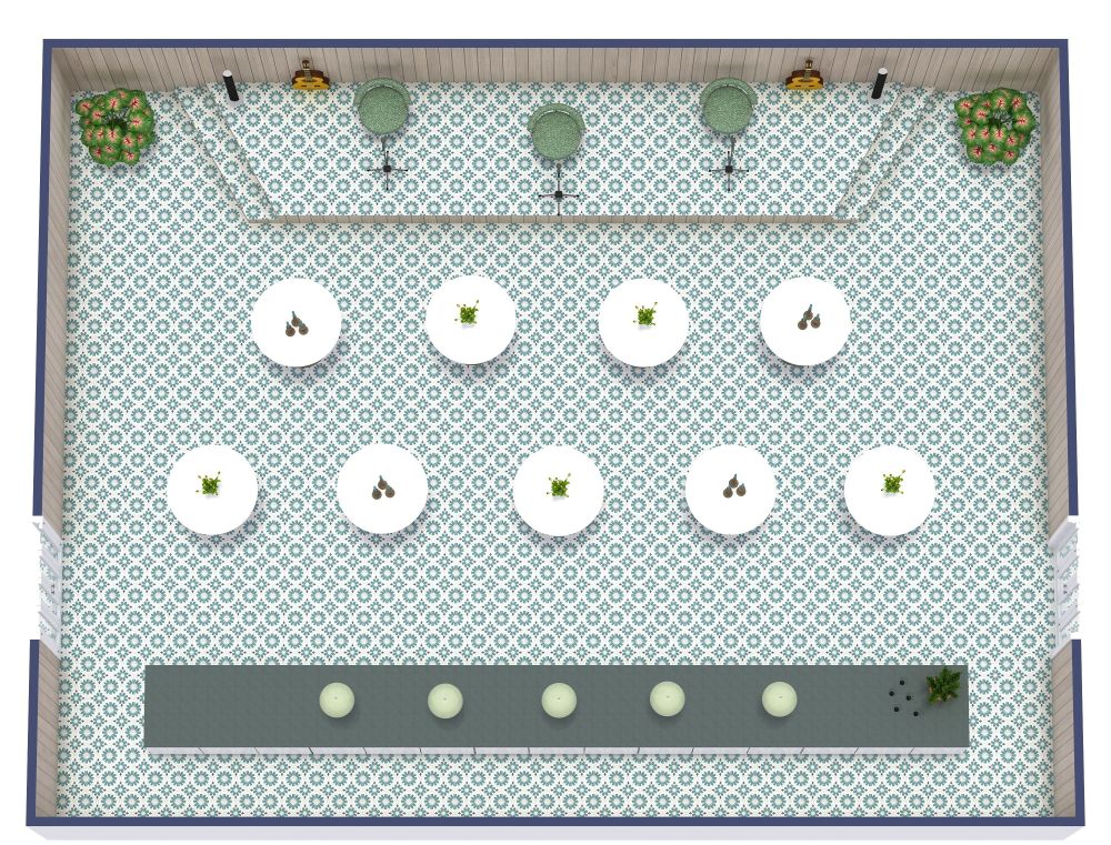 Konzertgrundriss mit Bühne, Stehbereich und Bar