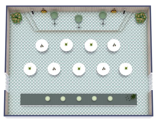 Konzertgrundriss mit Bühne, Stehbereich und Bar