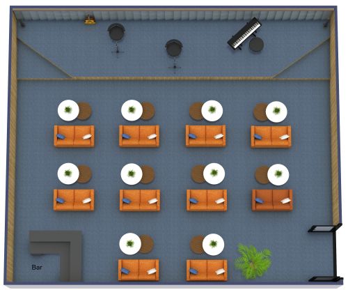 Grundriss für einen gemütlichen Konzertsaal mit Sofa-Bestuhlung