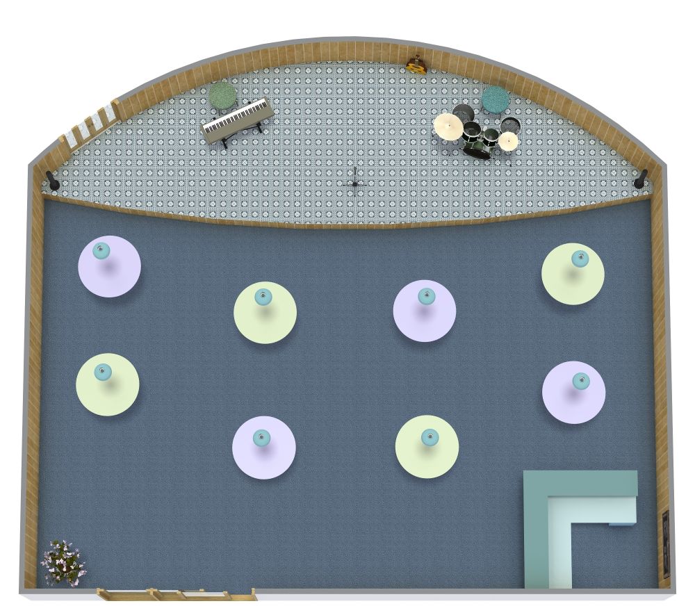 Grundriss für einen bunten Konzertsaal mit Bar