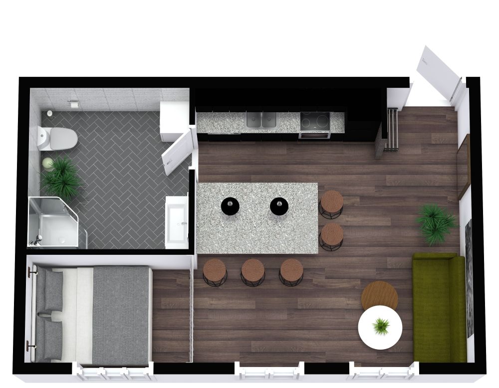 Grundriss für ein Studio-Apartment im industriellen Stil