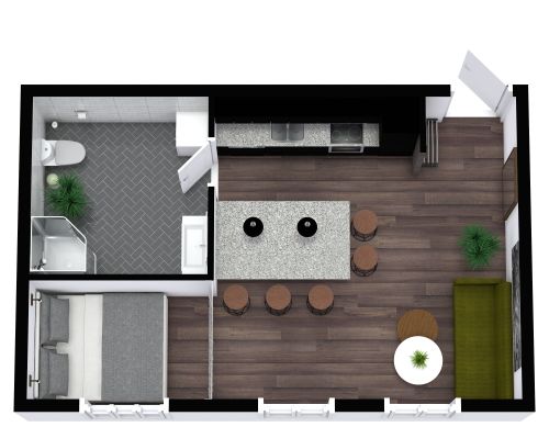 Grundriss für ein Studio-Apartment im industriellen Stil