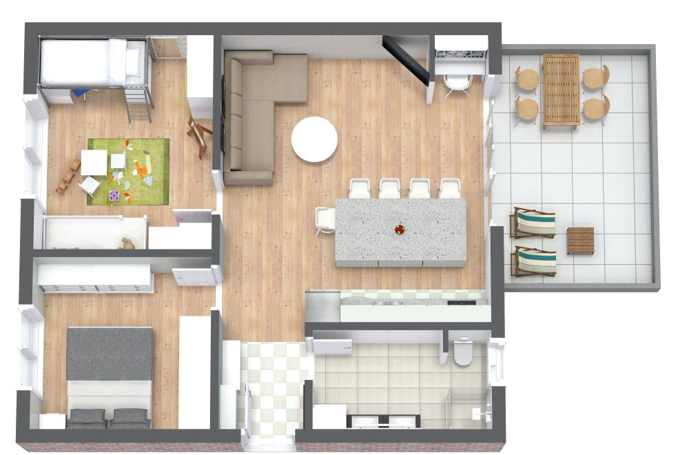 Grundriss für eine 3-Zimmer-Wohnung mit Eltern- und Kinderzimmer