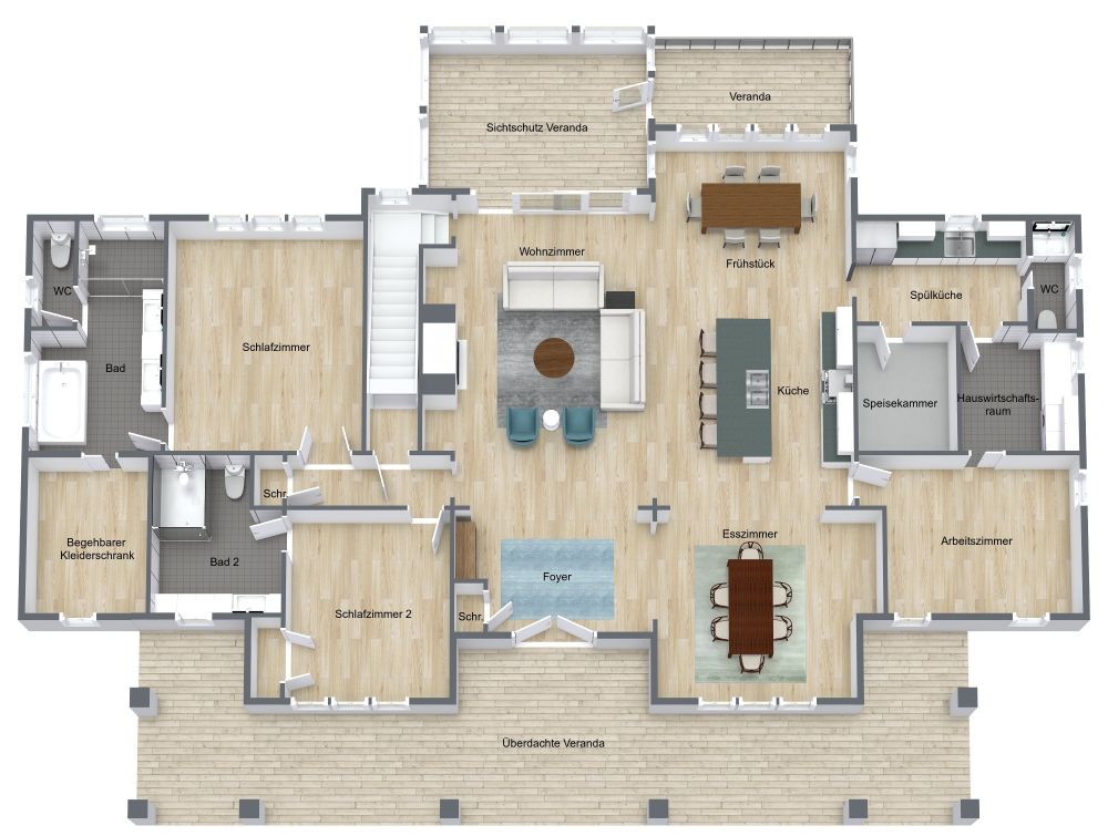 Grundriss für eine große Wohnung mit 2 Schlafzimmern und 1 Arbeitszimmer