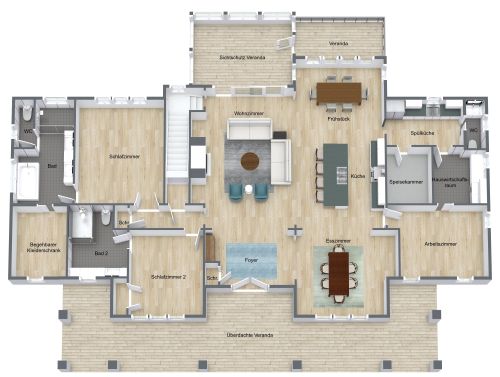 Grundriss für eine große Wohnung mit 2 Schlafzimmern und 1 Arbeitszimmer