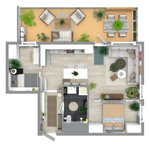 Grundriss für eine 3-Zimmer-Wohnung mit großem Balkon