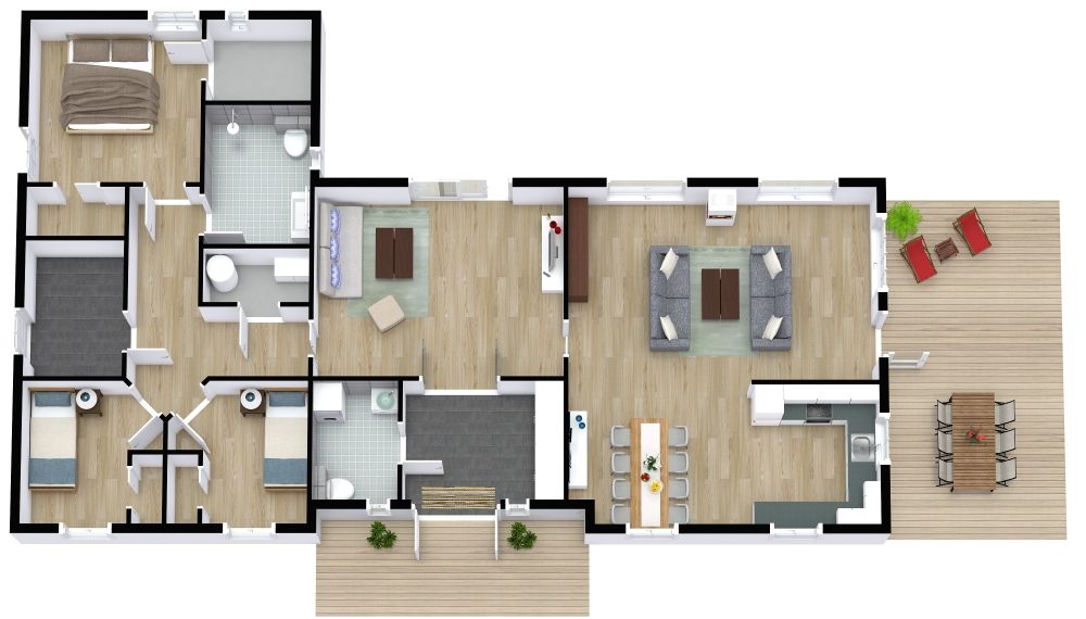 Grundriss für eine Wohnung mit 3 Schlafzimmern und U-förmige Küche