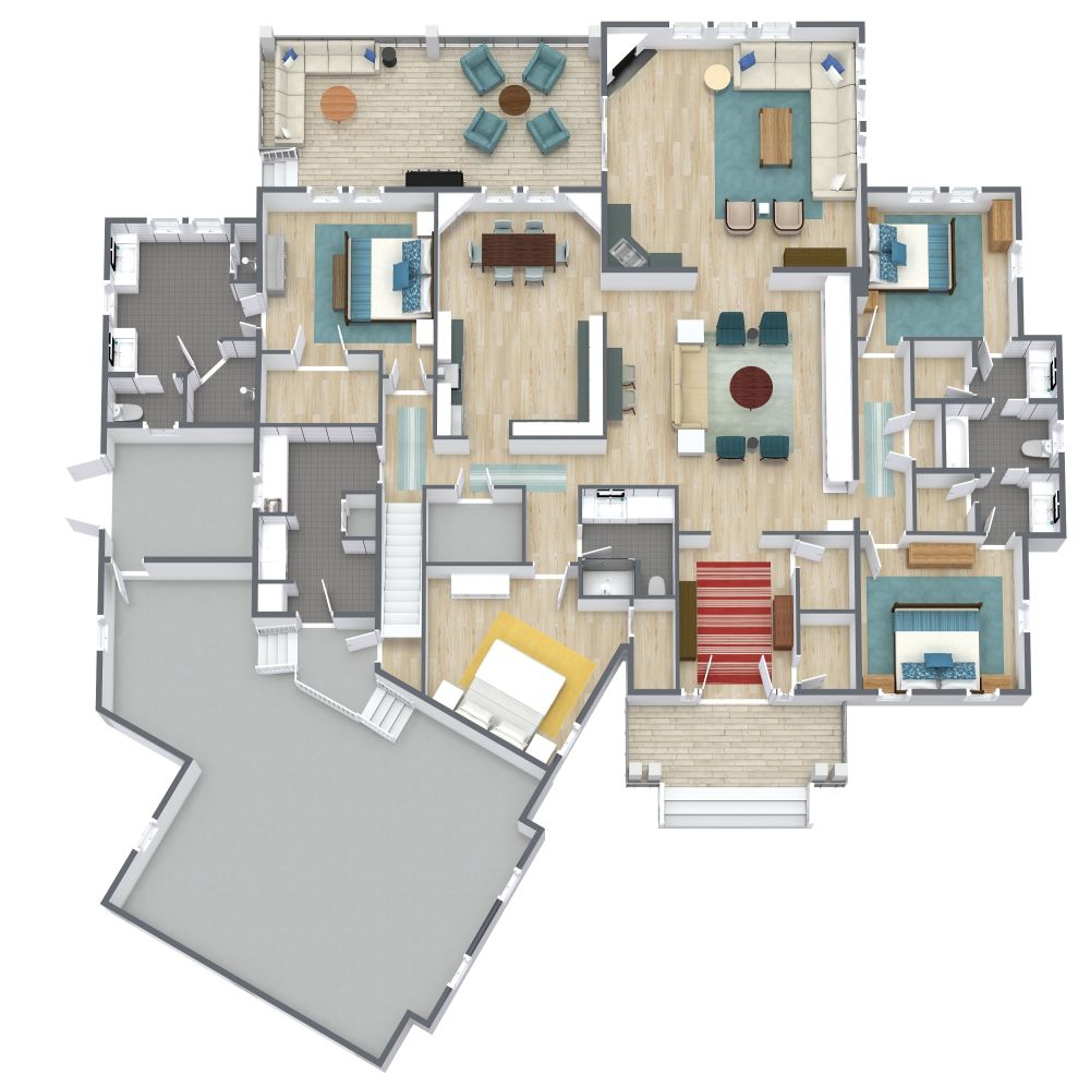 Grundriss mit 4 Schlafzimmern, 3 Bädern und 1 Garage
