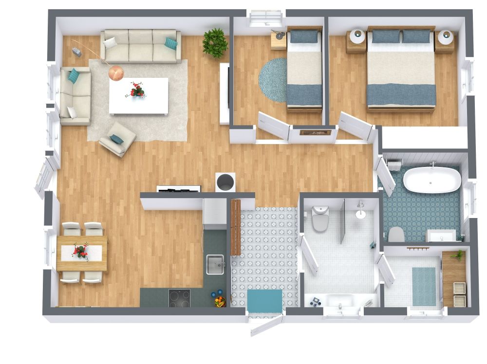 Praktischer Grundriss für ein Haus mit 2 Schlafzimmern und L-förmiger Küche