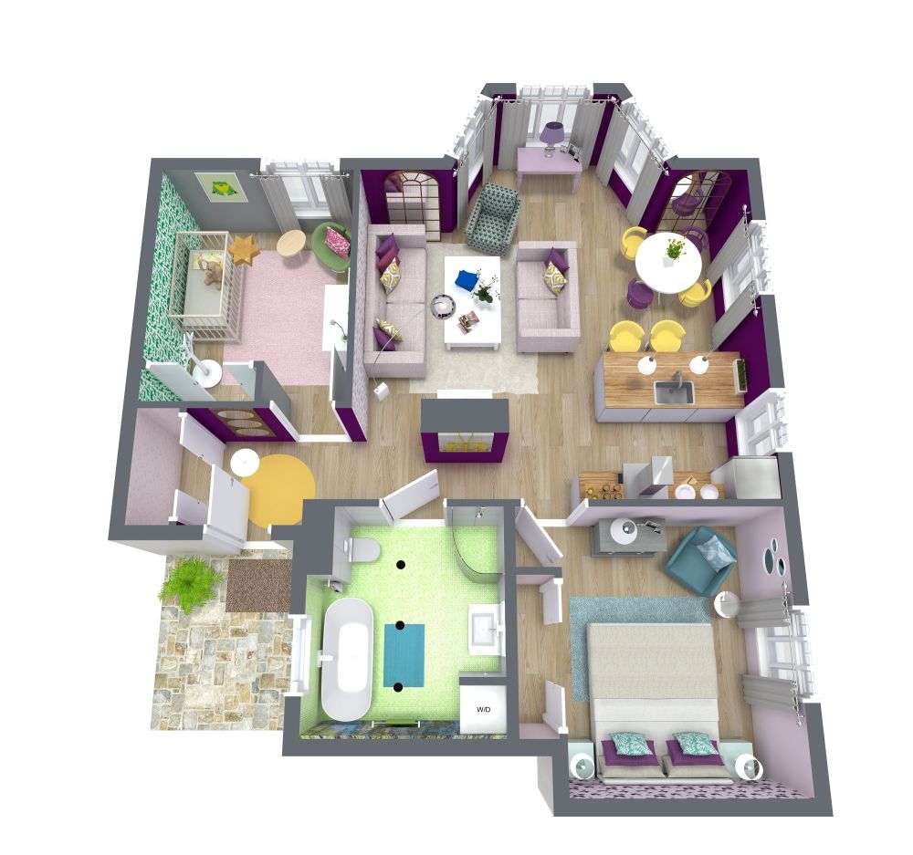 Farbenfroher Grundriss für ein Haus mit 1 Schlafzimmer und 1 Kinderzimmer