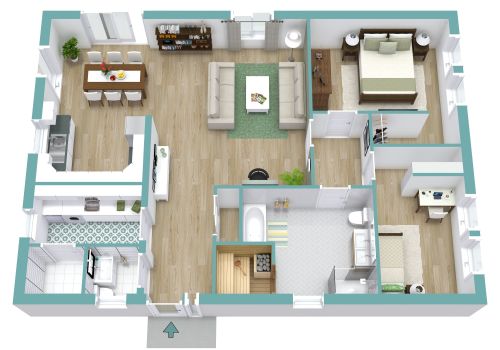 Stilvolles Layout für eine 3-Zimmer-Wohnung mit großem Bad