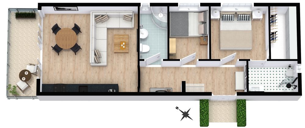 Schmaler 2-Schlafzimmer-Grundriss mit Balkon
