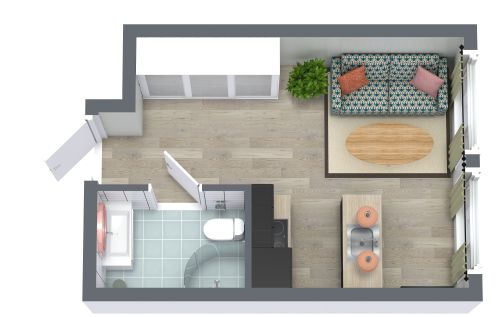 Grundriss für eine kleine Wohnung mit Schlafsofa