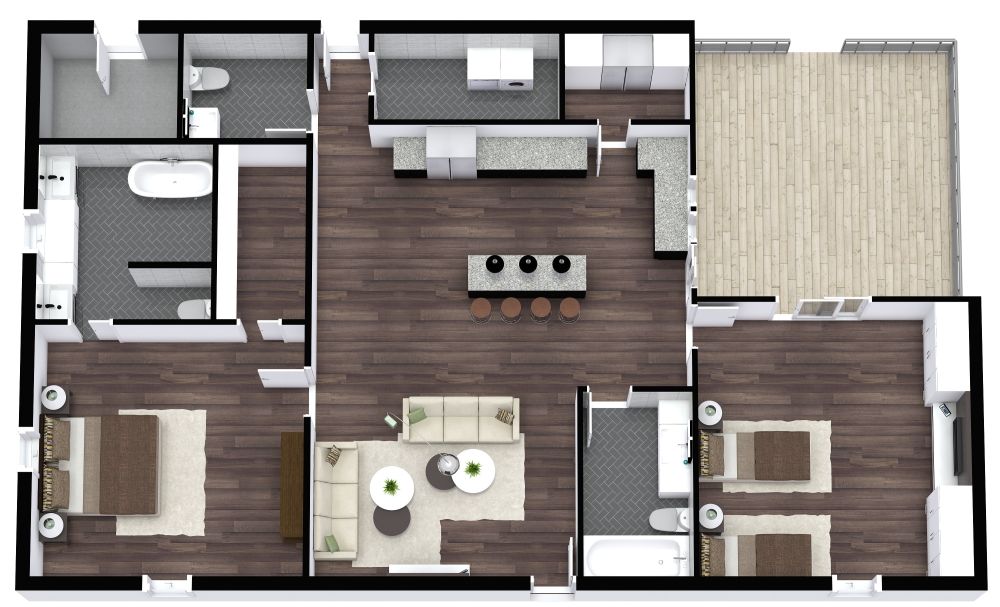 Grundriss für eine Wohnung mit 2 Schlafzimmern und Veranda