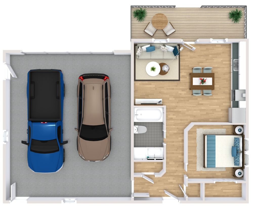 Grundriss für eine 2-Zimmer-Garagenwohnung mit eigener Veranda