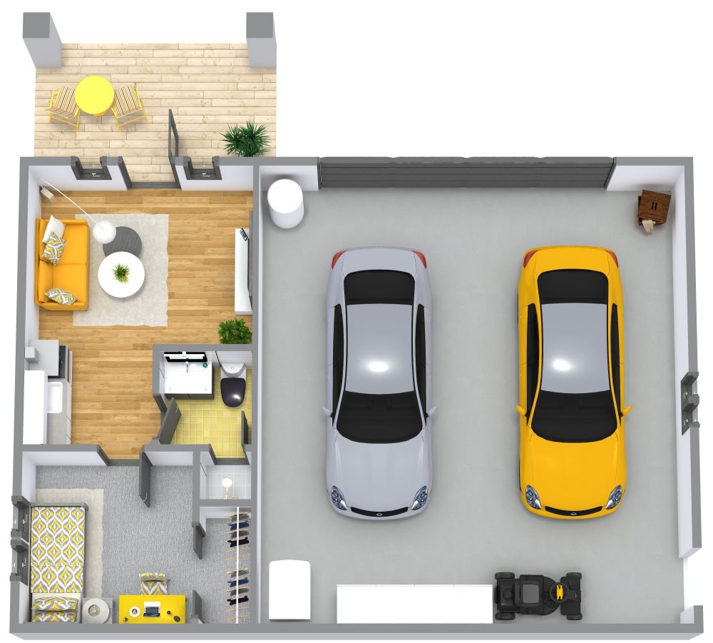 Grundriss für ein kleines Garagenapartment mit eigener Veranda