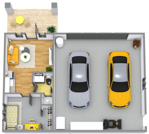 Grundriss für ein kleines Garagenapartment mit eigener Veranda