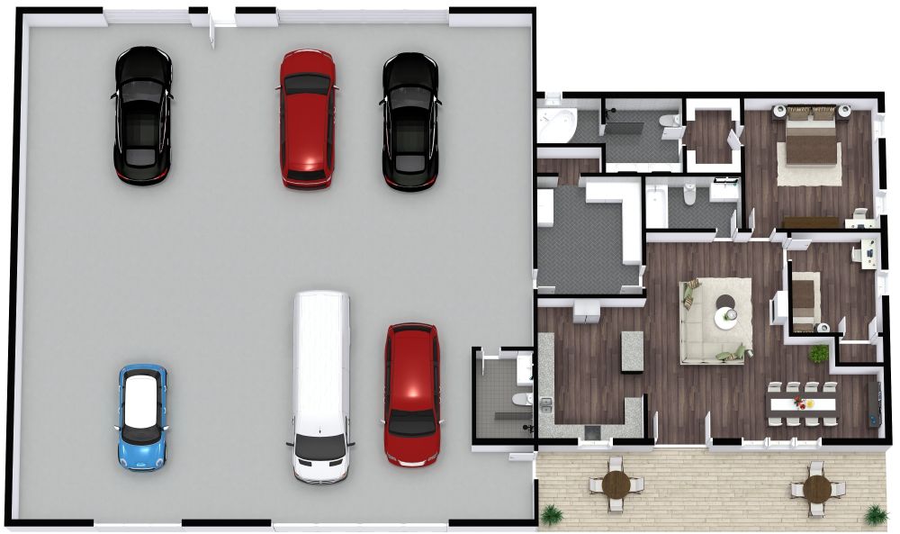 Grundriss für ein Haus mit 2 Schlafzimmern und Garage für 6 Autos