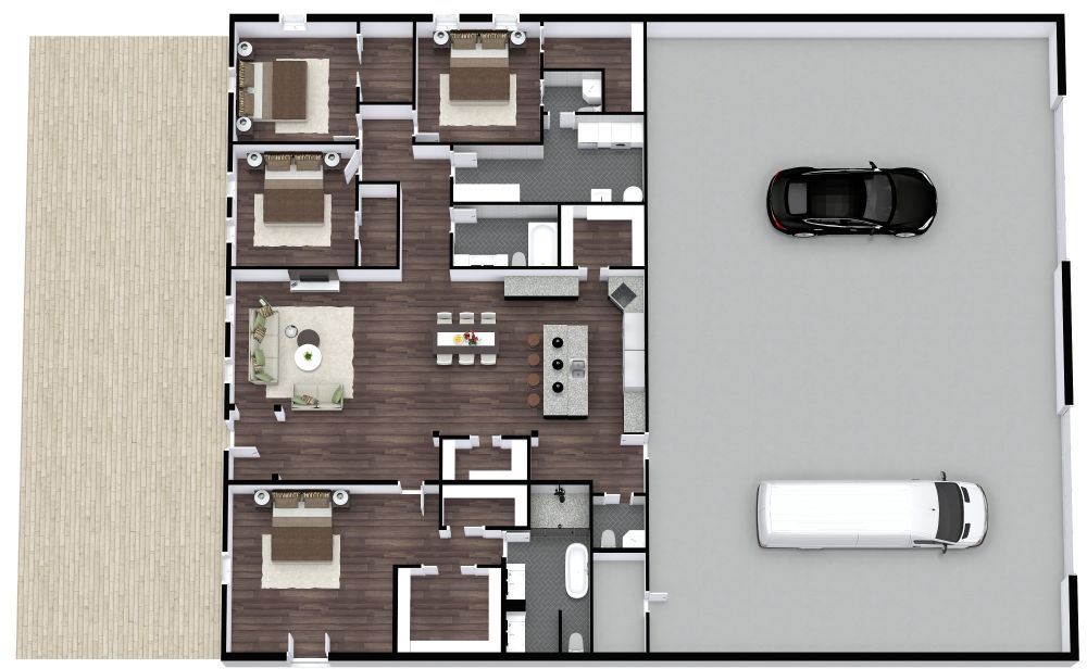 Grundriss für ein Haus mit 4 Schlafzimmern und großer Garage