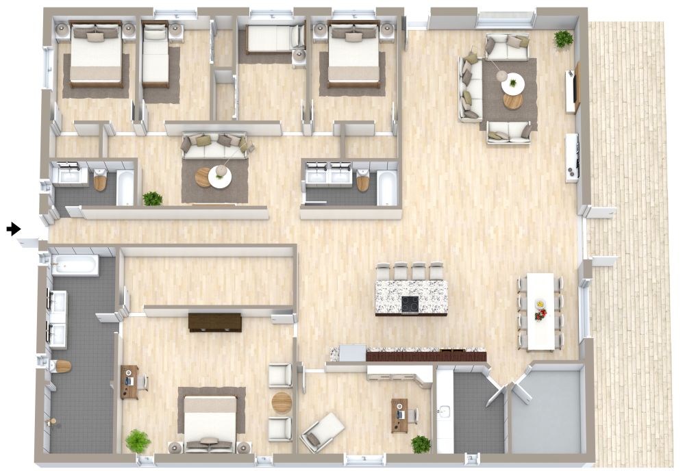 Grundriss für eine Wohnung mit 5 Schlafzimmern und 3 Bädern