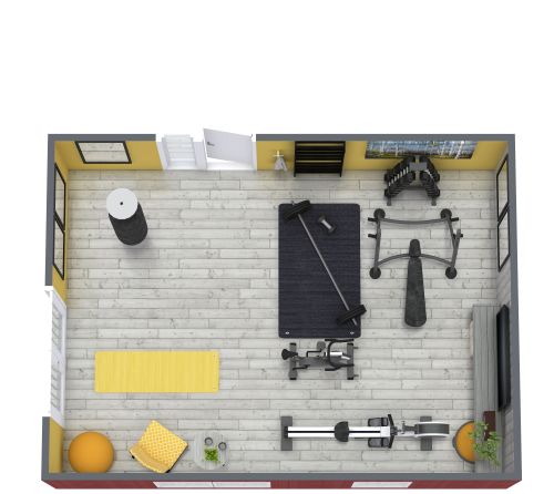 Grundriss für ein Fitnessraum mit gelben Akzentfarben