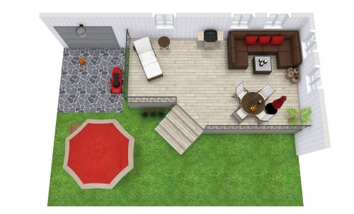 Grundriss für einen Innenhof mit roten Akzenten