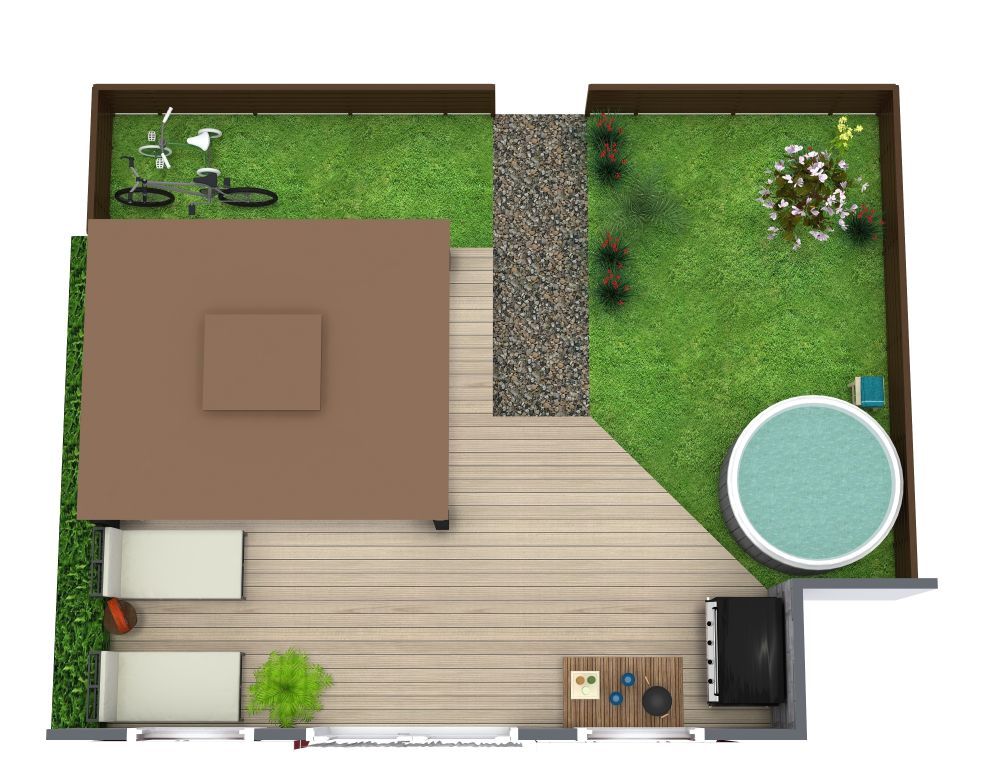 Grüner Garten mit Terrassendeck