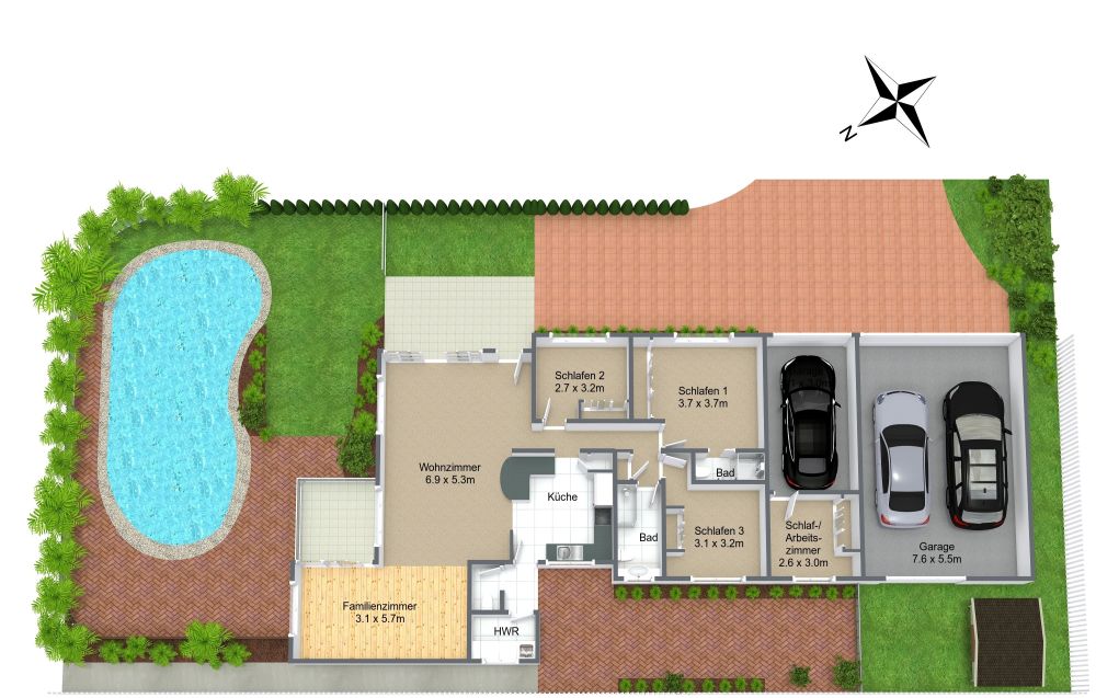 Grundstücksplan mit Pool und großer Garage 