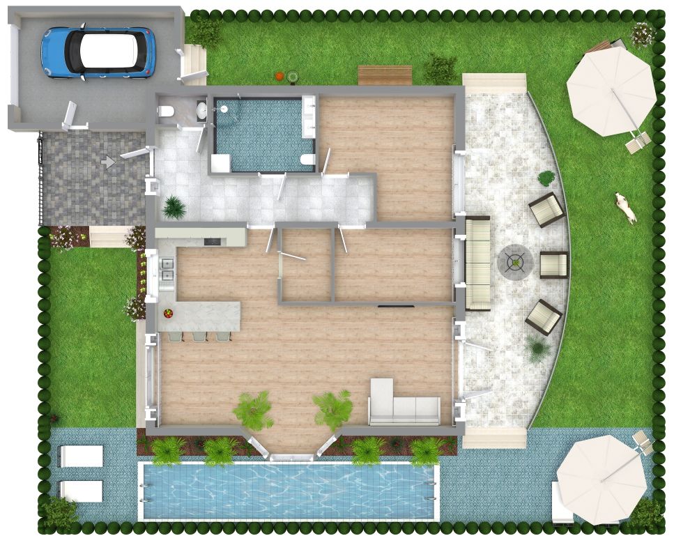 Lageplan mit Terrasse und Schwimmbecken
