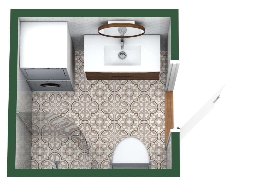 Kleines, kompaktes Badezimmer mit Waschmaschine und Trockner