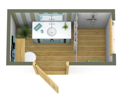 Grundriss für ein Badezimmer mit türkisfarbenen Details