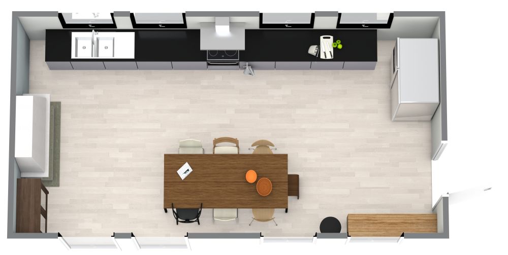 Küche an einer Wand mit vielen Fenstern