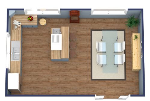 Grundriss für eine Küche mit Insel und Esstisch