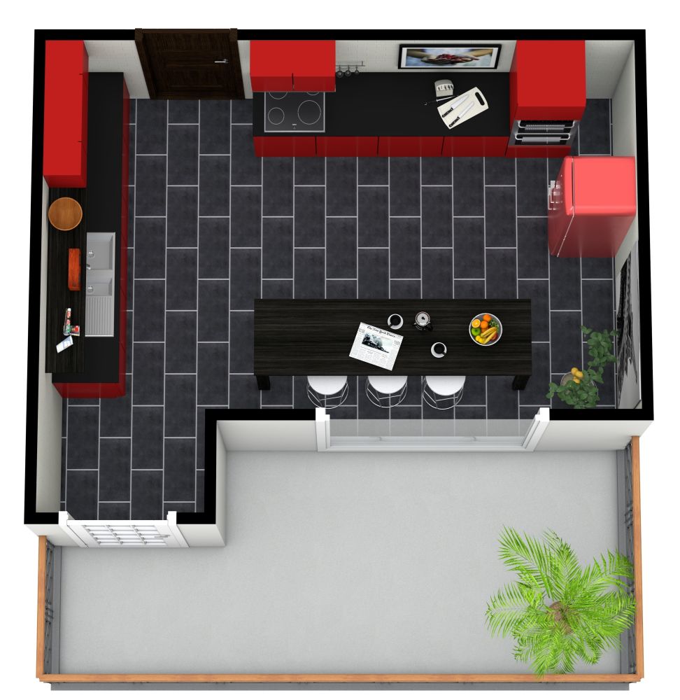 Stilvolle rote Küche mit Frühstücksbar