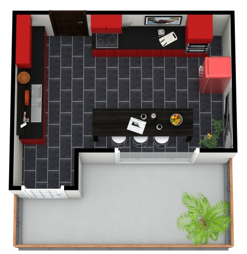 Stilvolle rote Küche mit Frühstücksbar