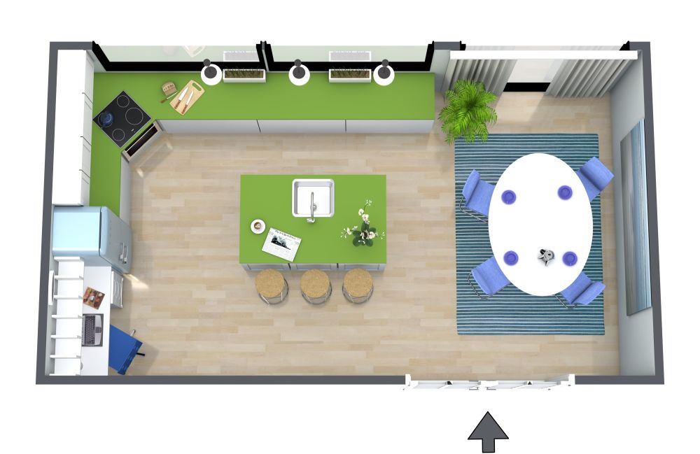 Kücheninsel-Grundriss mit grünen Arbeitsplatten