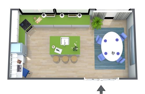 Kücheninsel-Grundriss mit grünen Arbeitsplatten