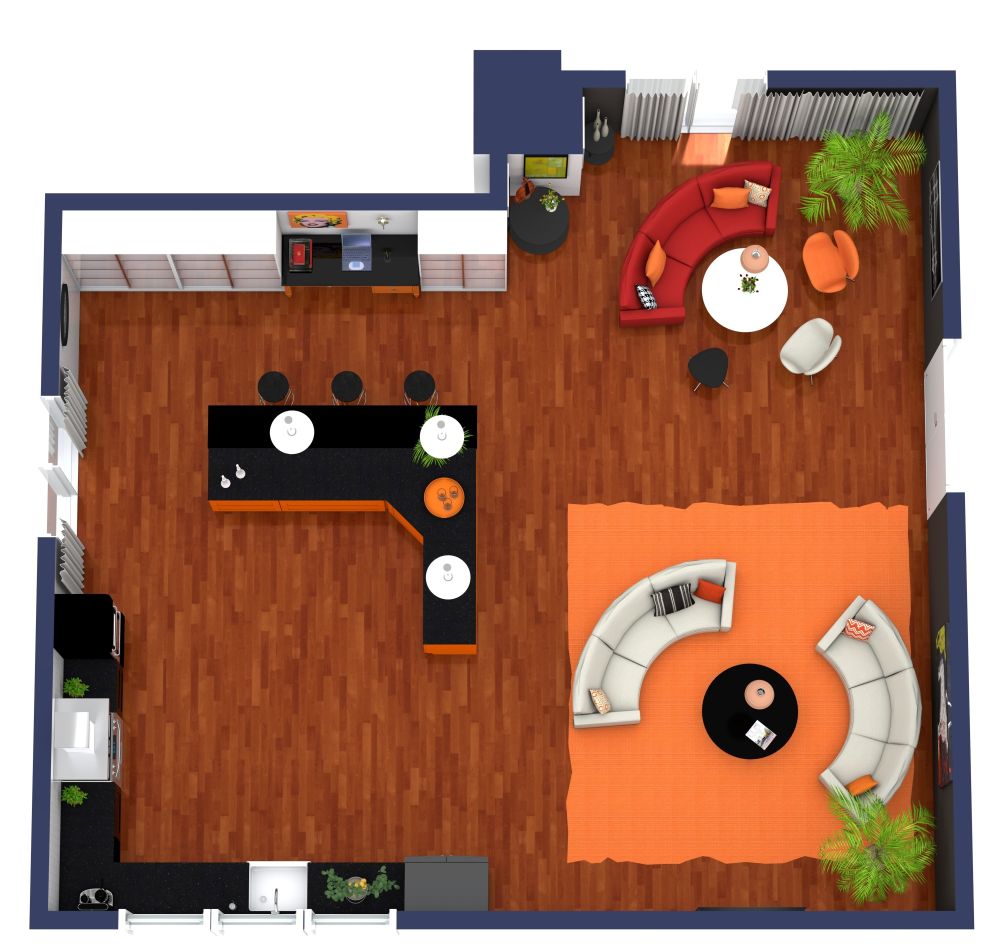 Große Küche mit Arbeitsplatz in Orangetönen