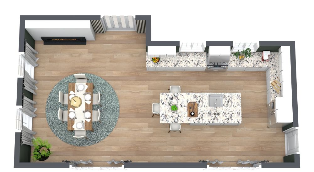 Grundriss für eine schöne Küche mit Insel und Kamin