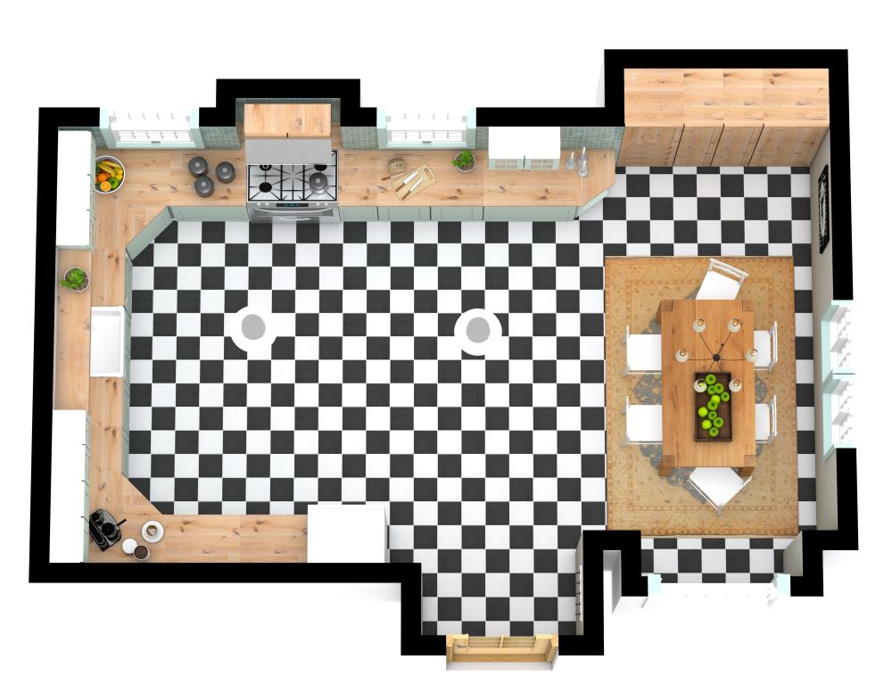 U-förmige Küche mit mintgrünen Schränken und Essbereich