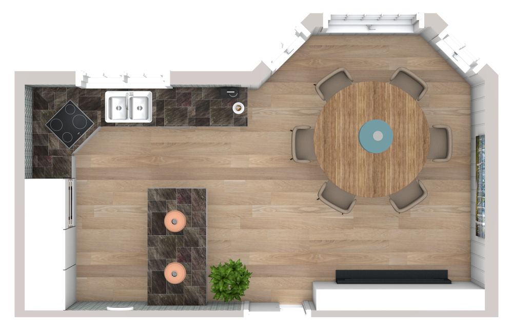 Schöne, rustikale Küche mit Essbereich und Erkerfenster