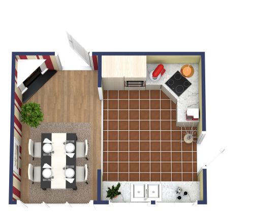 Grundriss für eine Küche mit gemütlicher Essecke und Kamin