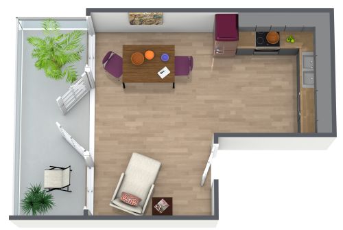 Grundriss für eine L-förmige Küche mit Balkon