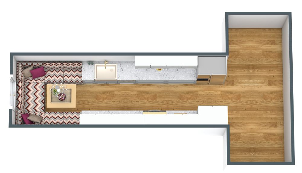 Schmale Galeerenküche mit Frühstücksecke