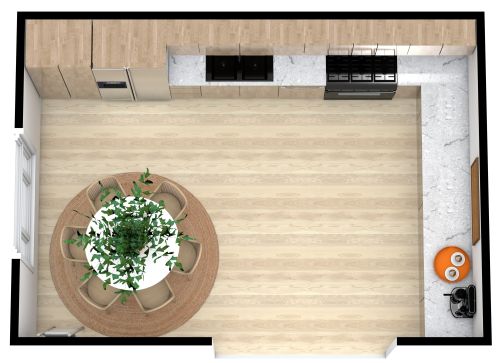 L-förmige Küche mit rundem Esstisch