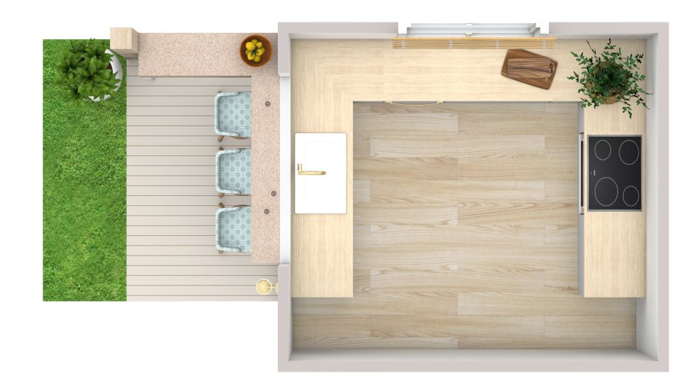 U-förmige Küche mit Durchreiche auf die Terrasse