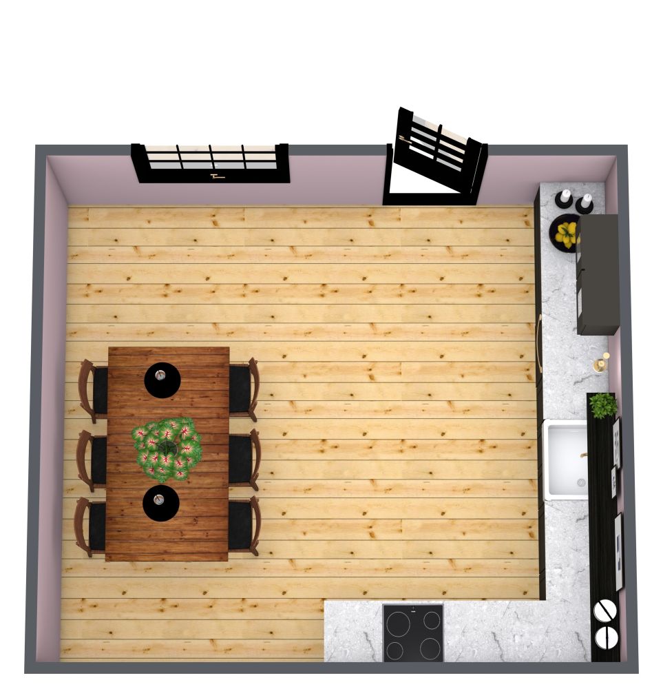 Rosa und schwarze L-förmiger Küche